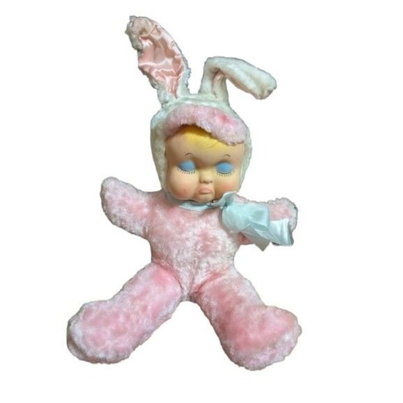 Rushton Sleeping Pouty Face Child w/ Bunny Ears Plush 1950s Pink & White w/flaws